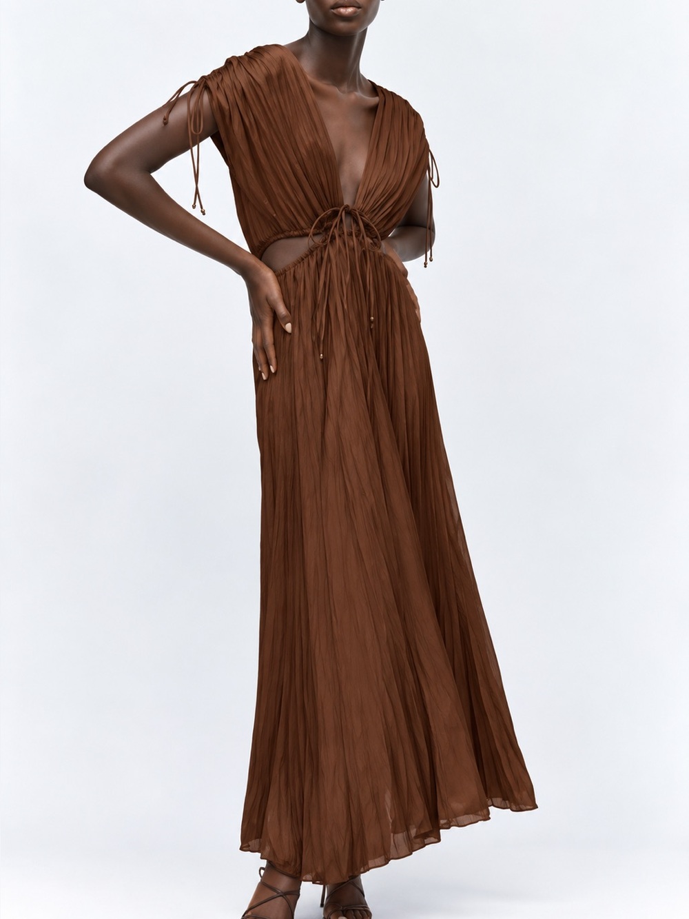 Zara NWT pleated chocolate brown cut out maxi dress, large